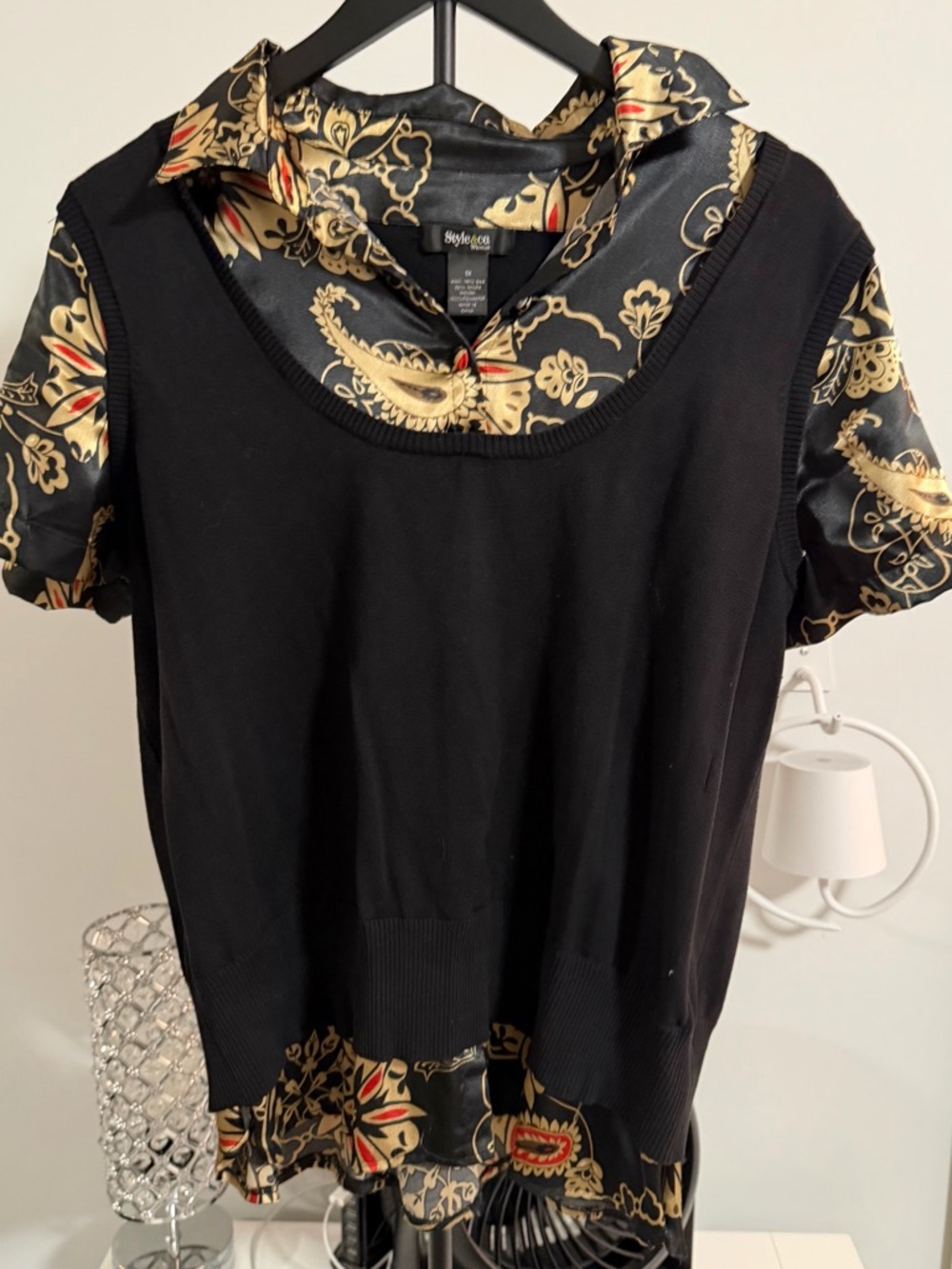 Style & Co. Black Layered-Look Short Sleeve Top with Gold Paisley Print
